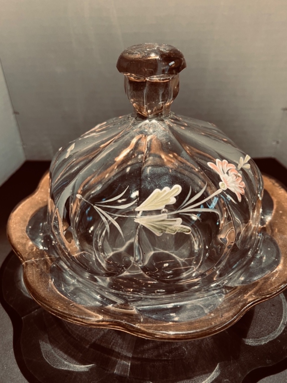 BUTTER DISH (1910) "FORT PITT" US GLASS CO PGH, PA PRESS GLASS/ENAMEL FLOWERS